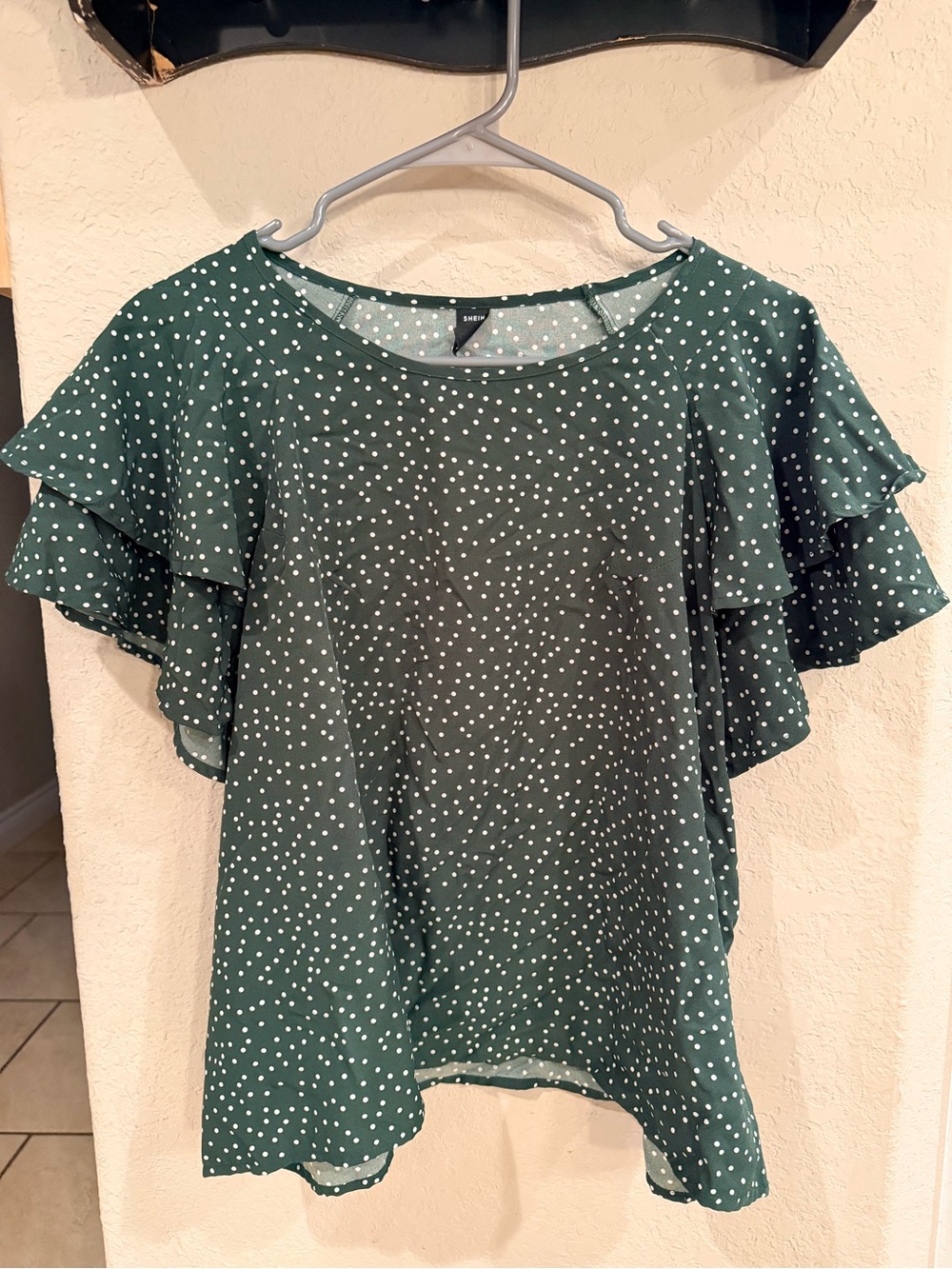 SHEIN Forest Green Polka Dot Ruffle Sleeve Blouse